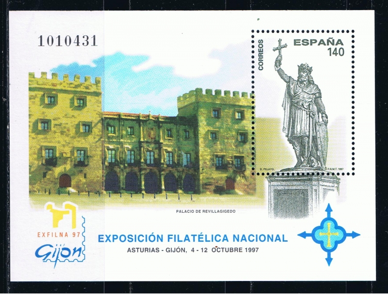 Edifil  3512  Exposición Filatélica Nacional. Exfilna´97.  Monumento a Don Pelayo con la Cruz de la 